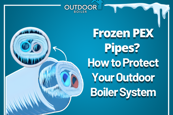 Graphic illustrating How to Protect Your Outdoor Boiler System, featuring a frozen PEX pipe cross-section with visible ice buildup and icicles, cold blue background, and a warning message from Outdoor Boiler about preventing pipe freeze damage.