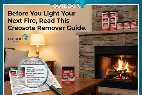 Banner with the headline "Before You Light Your Next Fire, Read This Creosote Remover Guide," featuring a clean chimney or fireplace and tools or products related to creosote removal, emphasizing chimney safety and maintenance before starting a fire.