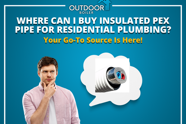 Promotional banner asking where can I buy insulated PEX pipe for residential plumbing, featuring a thoughtful homeowner and a cutaway of insulated PEX pipe connected to a house.