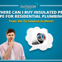 Promotional banner asking where can I buy insulated PEX pipe for residential plumbing, featuring a thoughtful homeowner and a cutaway of insulated PEX pipe connected to a house.