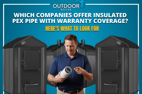 Homeowner holding insulated PEX pipe in front of outdoor boiler units, featured in a guide on which companies offer insulated PEX pipe with warranty coverage.