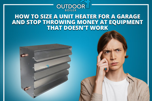 Thumbnail showing a unit heater and a thoughtful person with text explaining how to size a unit heater for a garage.