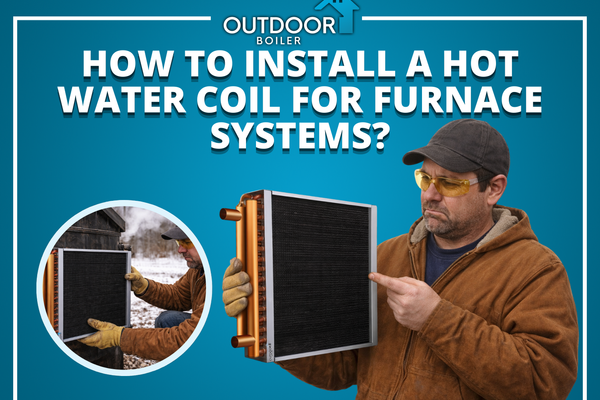 Installer demonstrating how to set up a hot water coil for furnace systems with copper piping and finned surface