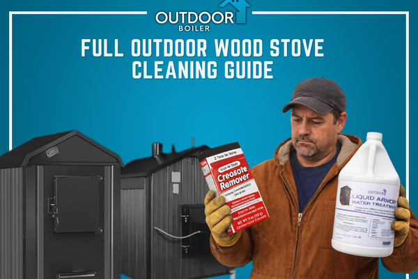 Man holding creosote remover and water treatment products for outdoor wood stove cleaning guide