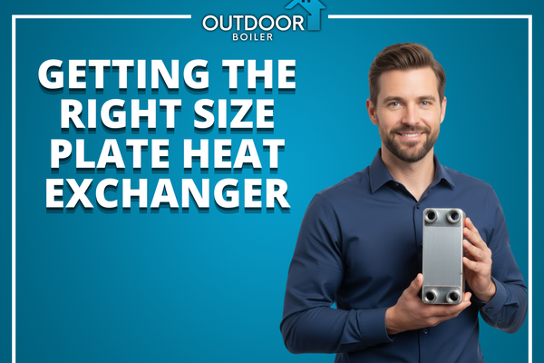 Man in blue shirt holding a plate heat exchanger with Outdoor Boiler branding, illustrating the importance of correct plate heat exchanger sizing for efficiency.
