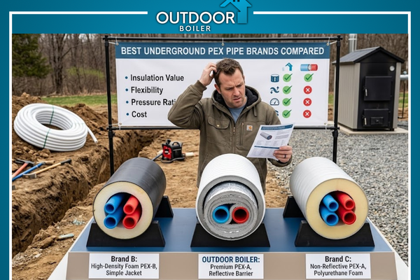 Confused man at a construction site comparing cross-sections of non-insulated generic PEX pipe versus premium insulated boiler pipe.