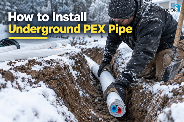 A worker installs insulated PEX pipe in a freshly dug trench covered with snow, with a shovel nearby and snow-covered trees in the background. The image includes the title “How to Install Underground PEX Pipe"