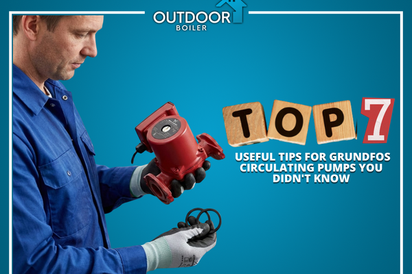 Technician in blue uniform holding a Grundfos circulating pump and rubber O-rings against a blue background.