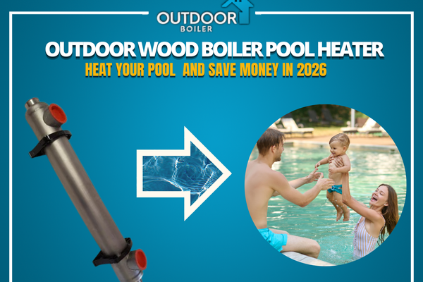 Thumbnail graphic for outdoor wood boiler pool heater with savings message and pool heating benefits.