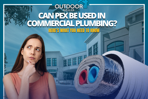 Promotional graphic asking “Can PEX be used in commercial plumbing?” with a modern building background and insulated PEX tubing in the foreground.