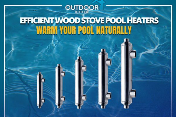 Five stainless steel wood stove pool heaters displayed in front of a pool, promoting natural and eco-friendly pool heating.