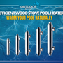 Five stainless steel wood stove pool heaters displayed in front of a pool, promoting natural and eco-friendly pool heating.