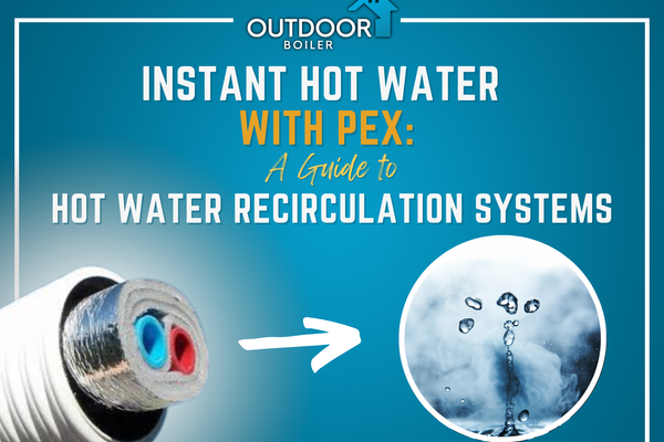 A visual illustrating "Instant Hot Water with PEX: A Guide to Hot Water Recirculation Systems," featuring a PEX pipe with red and blue ones leading to a circular inset of splashing hot water, emphasizing "PEX hot water recirculation.