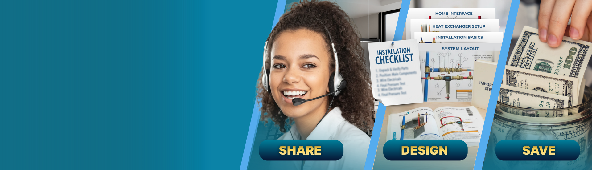  Woman in a call center setting with customer service materials and buttons labeled 'Share', 'Design', and 'Save' on a blue background.