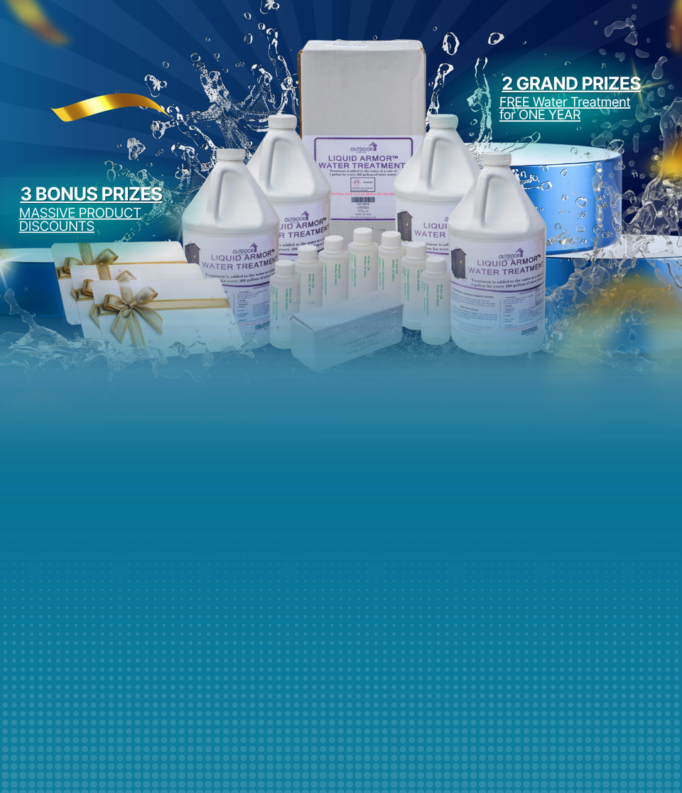  A promotional product display of liquid ammonia water treatment bottles, boxes, and reagent vials arranged on a blue water-splash background with prize text overlays.