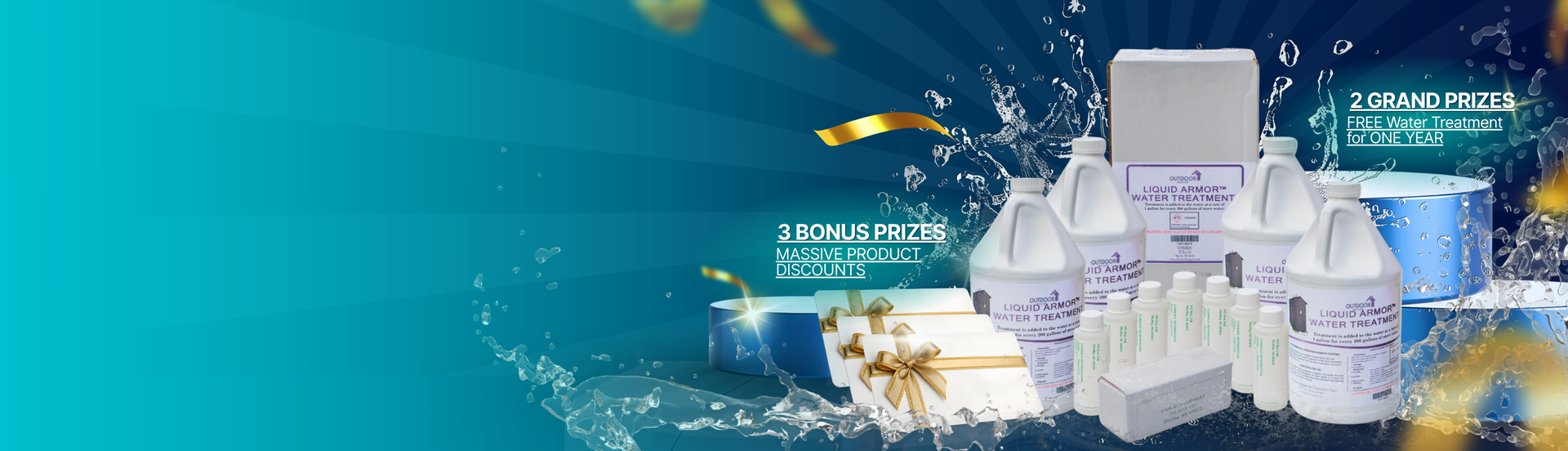  A promotional banner featuring multiple bottles and boxes of household cleaning products, including a large white jug, smaller bottles, and gift boxes, set against a bright teal background with water splash effects and gold ribbon accents.
