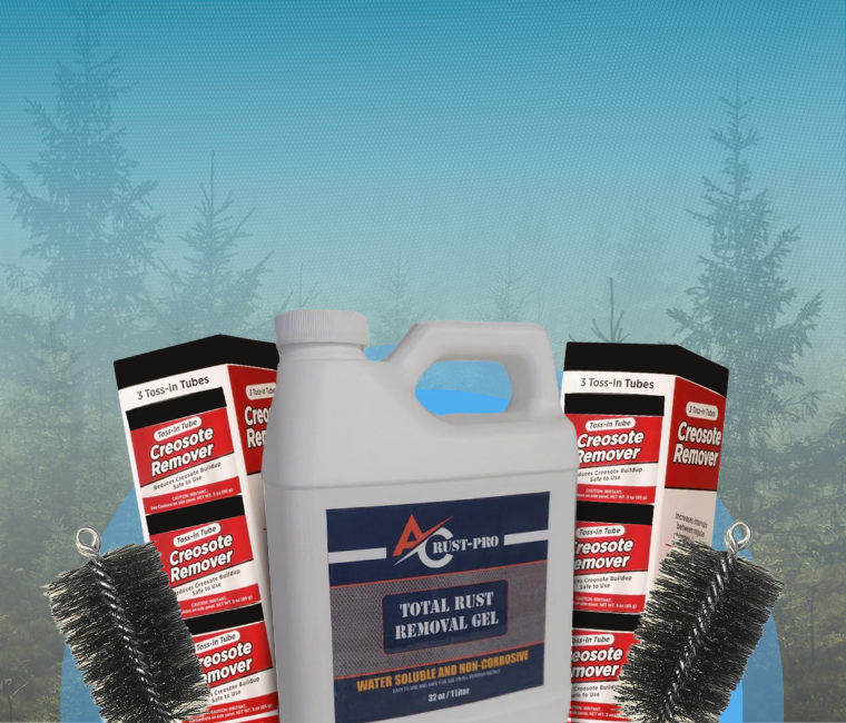  Rust removal products including a large container and two boxes with a forest background.