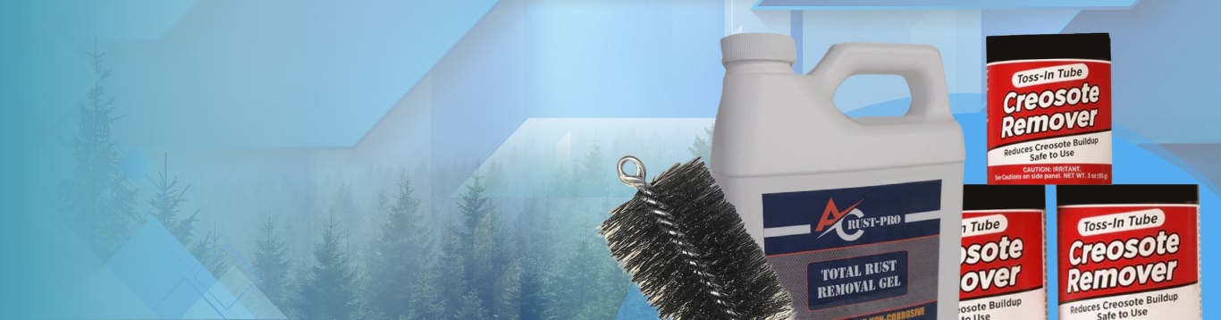  Creosote remover product with packaging and brush on a gradient background.