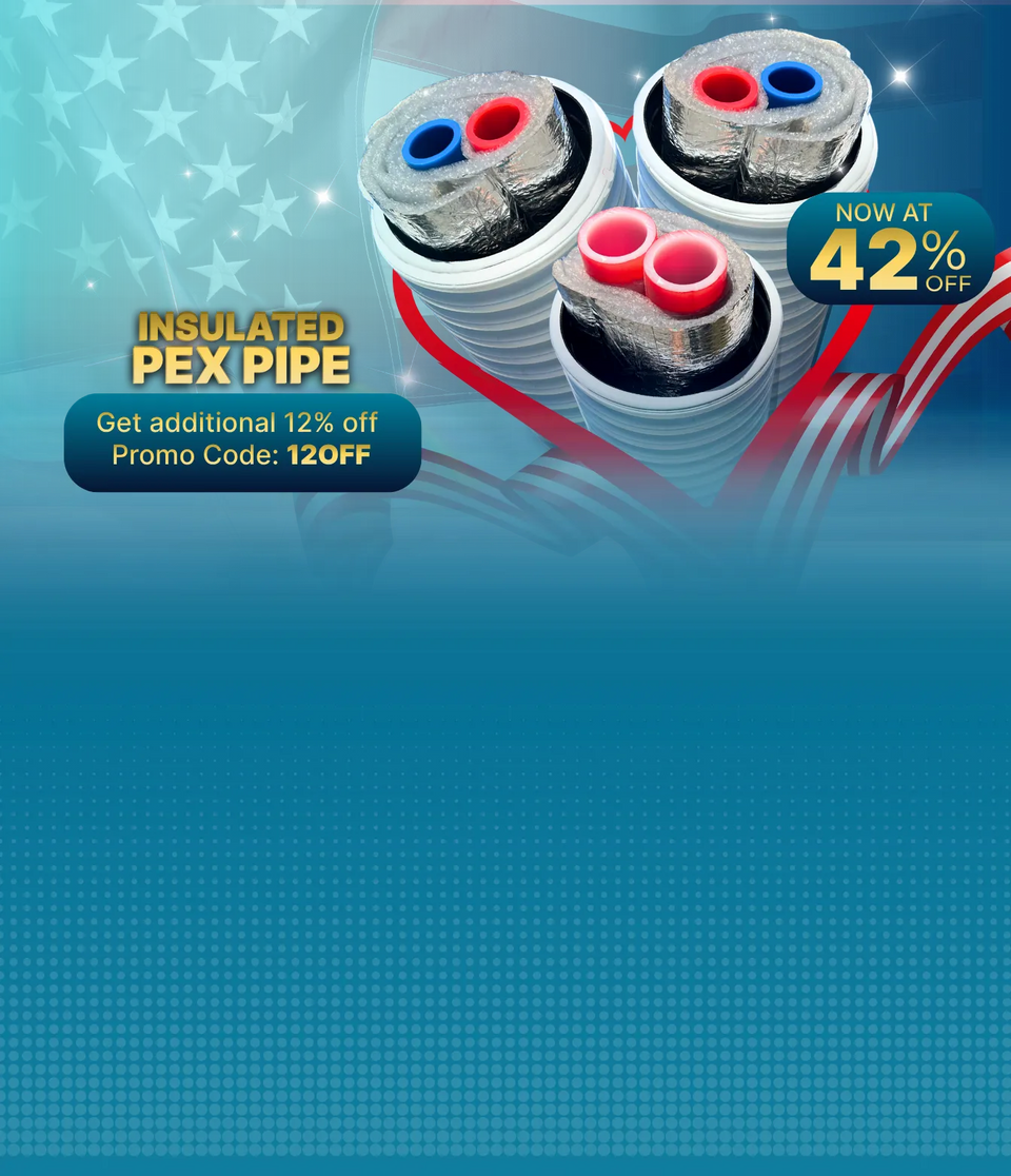  Insulated PEX pipe with promotional text on a blue background