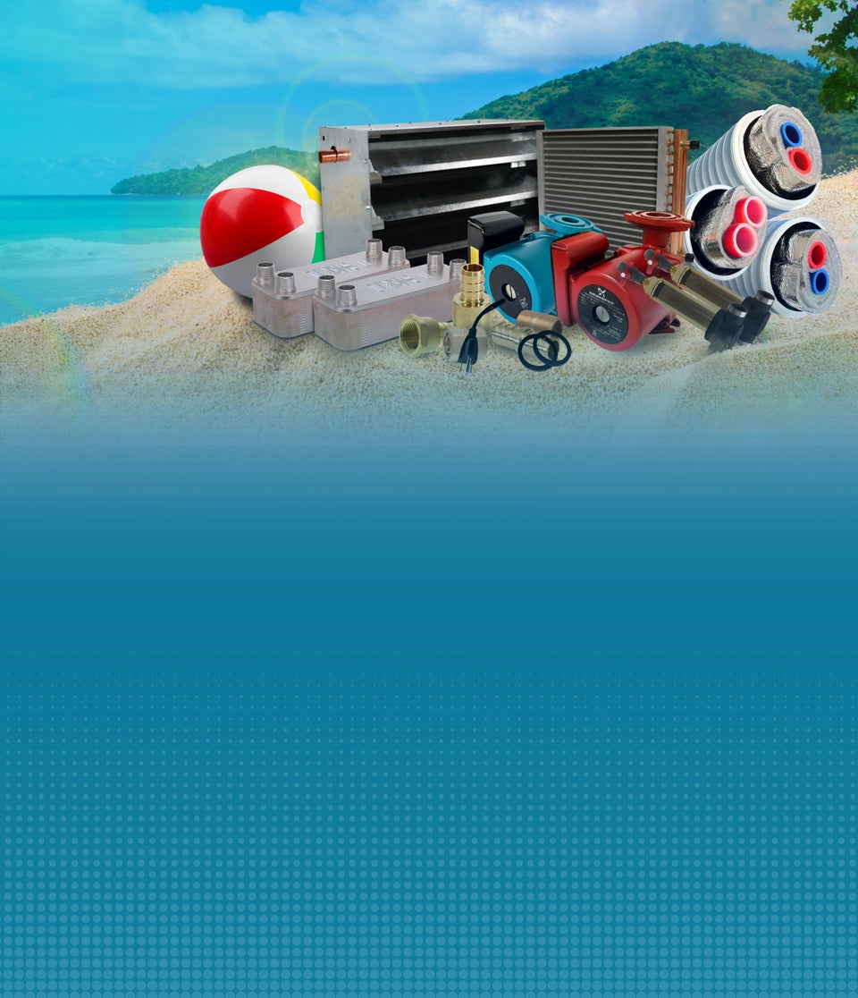  A beach-themed composite scene showing assorted pool and spa equipment arranged on sand, including a red-and-white beach ball, a metal filter or heater unit, a blue pump or compressor, gray pipes, and cylindrical tanks with red and blue fittings. The background depicts a tropical ocean and island under a blue sky.