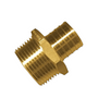 A gold-colored brass male plumbing fitting with a threaded connection and a crimped hose end.