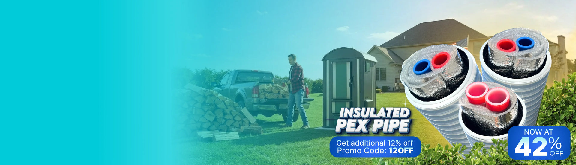  Advertisement for insulated PEX pipe with a man working on a house in the background.
