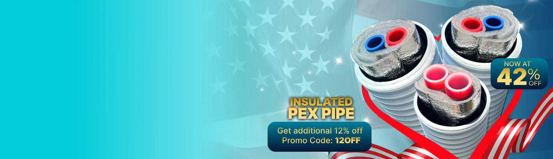  Insulated PEX pipe with promotional text on a blue background