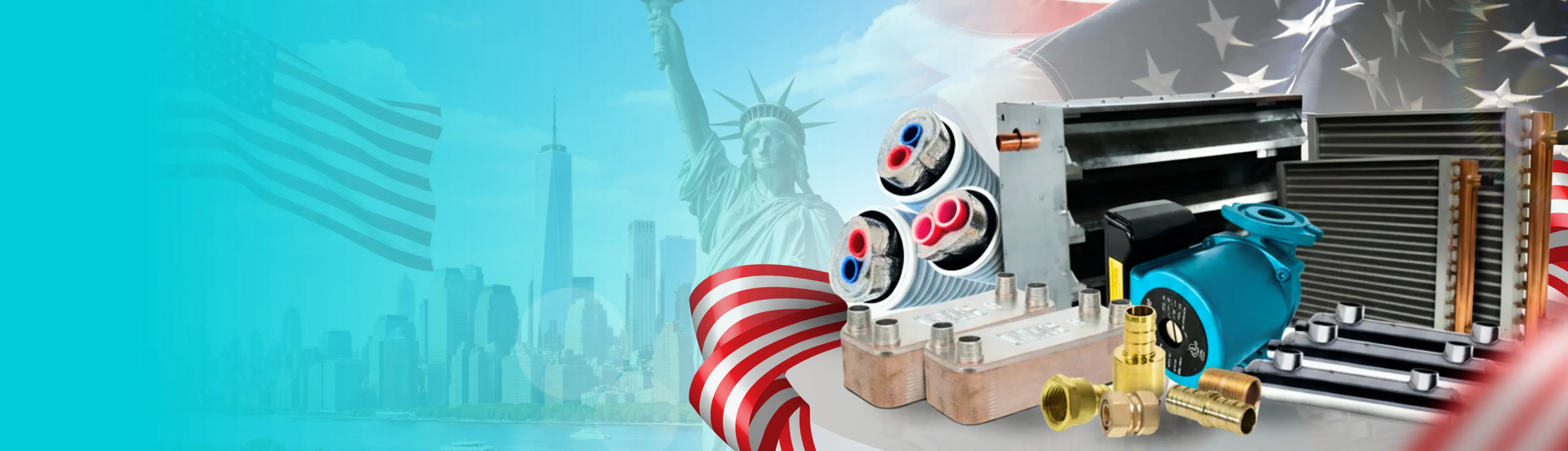 Product display with American flag, Statue of Liberty, and industrial equipment on a blue background
