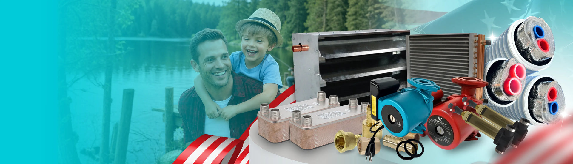  Man and child by a lake with automotive parts and tools on a blue background
