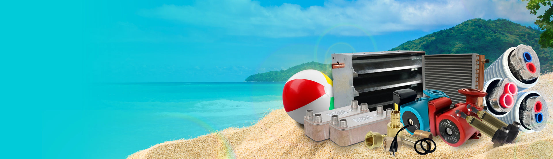  A beach-themed composite scene showing a red, white, and blue beach ball, a gray metal storage container, a red and blue cooler, a black grill, and several cylindrical metal canisters arranged on a sandy beach with turquoise ocean water and green hills in the background.