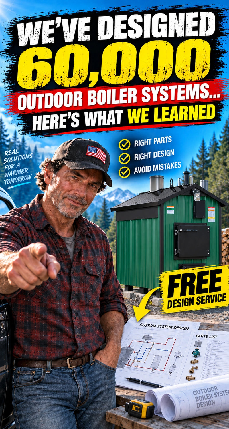 Promotional graphic for an outdoor boiler system service featuring a man in a plaid shirt pointing forward, with a green outdoor boiler unit, rolled blueprints, and bold text reading 'WE'VE DESIGNED 60,000 OUTDOOR BOILER SYSTEMS.
